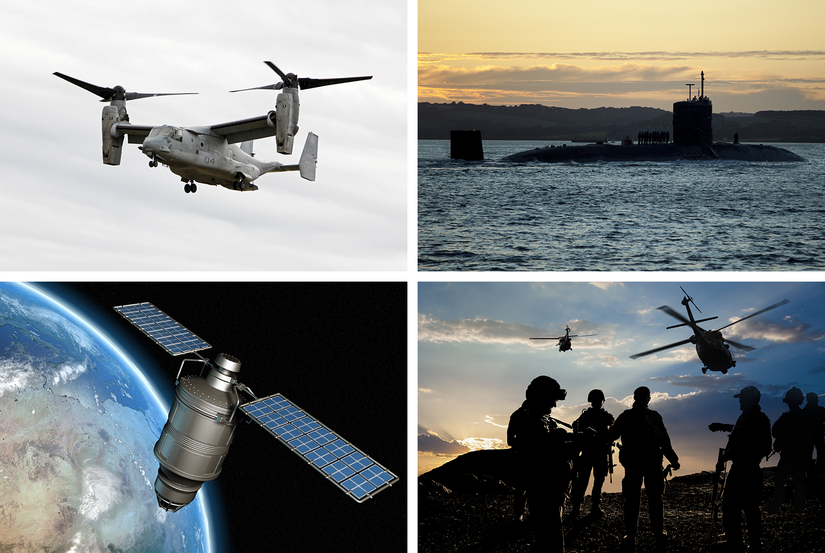 graphics showing Osprey, Submarine, Satellite, Servicemen